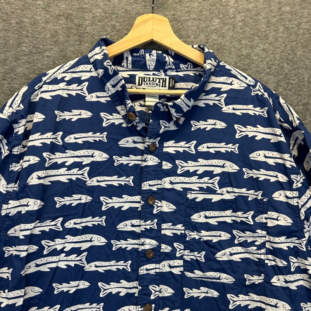 Duluth Trading Co Mens 3XL Relaxed Fit Navy Blue Fish Print Cotton Button Shirt